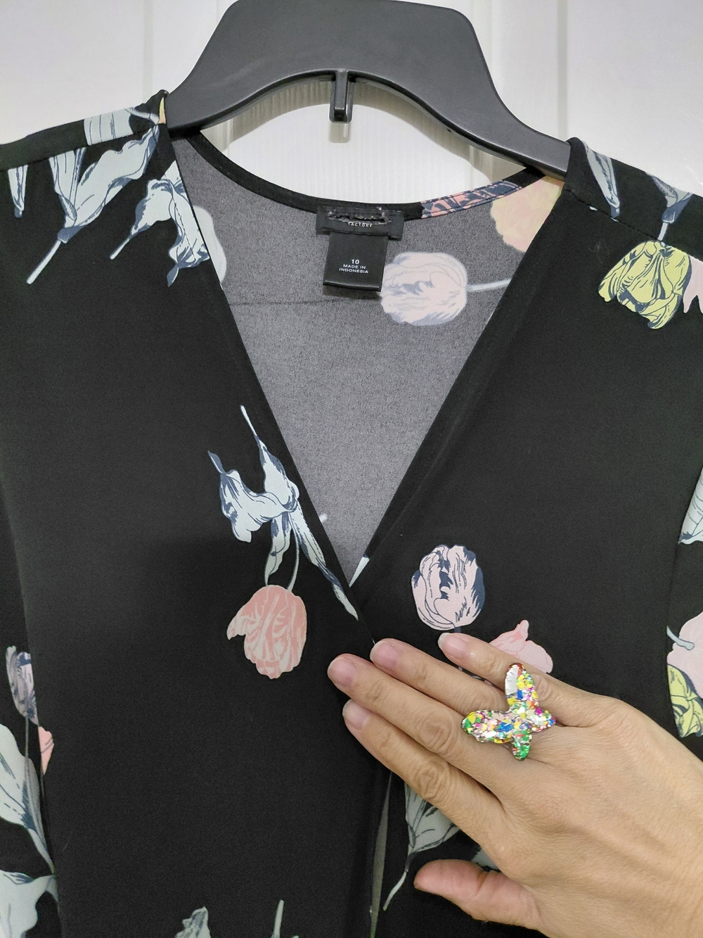 Ann Taylor Factory Black Floral V-Neck Shift Dress with Pastel Blooms